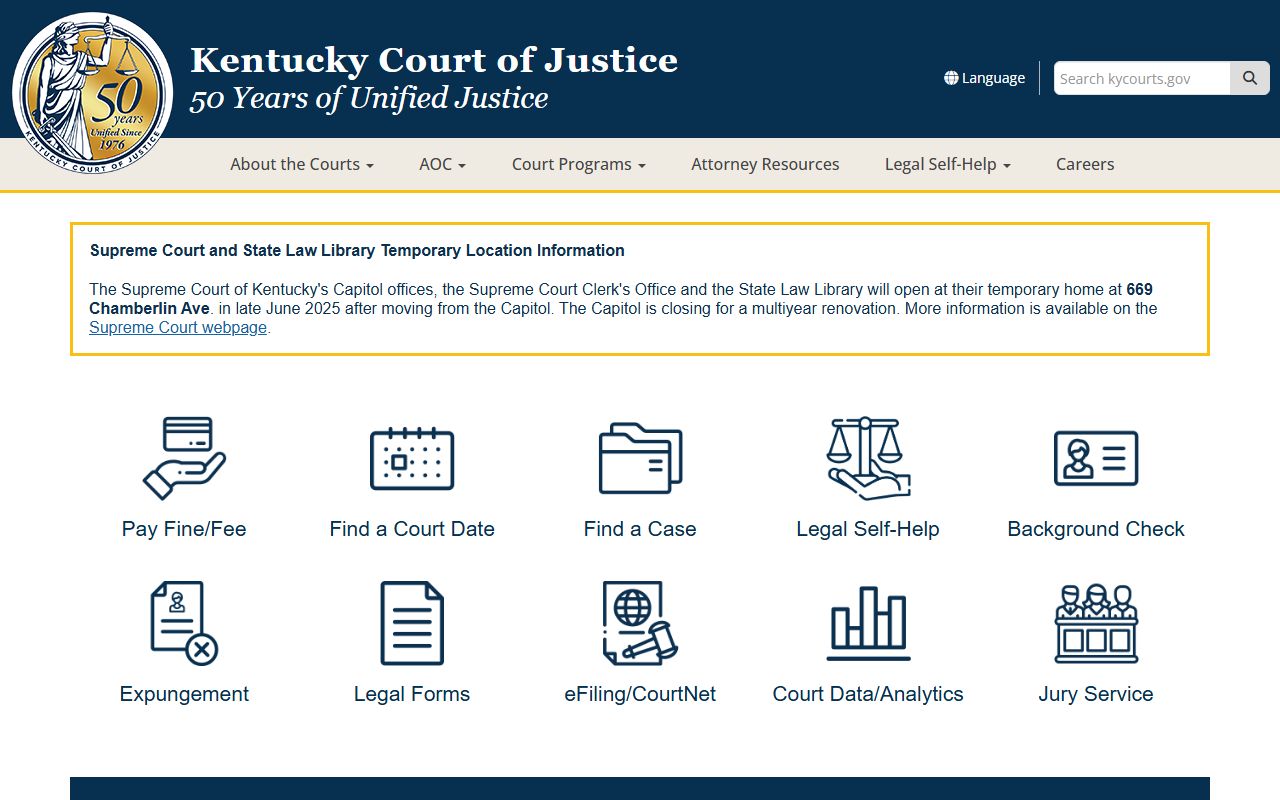 Kentucky Court of Justice homepage for probate records access