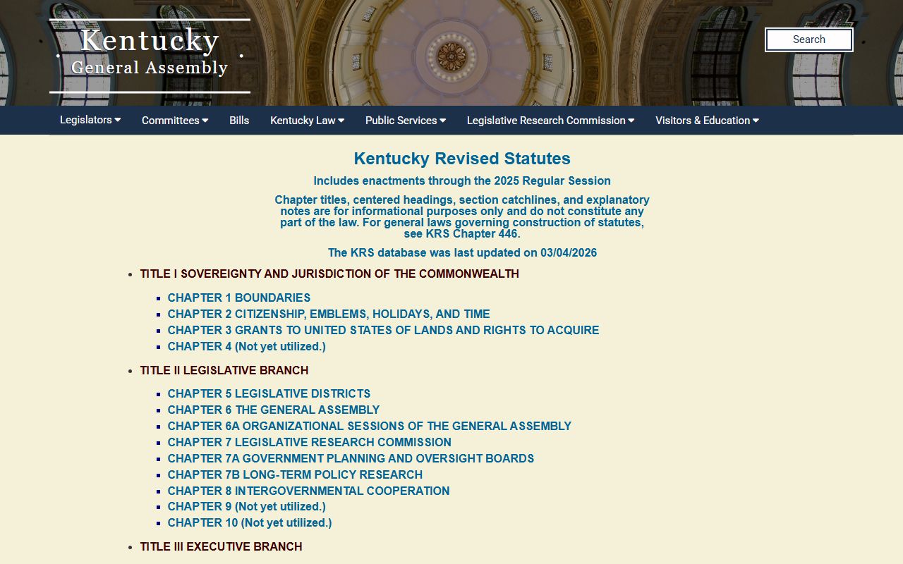 Kentucky Revised Statutes website showing probate law chapters